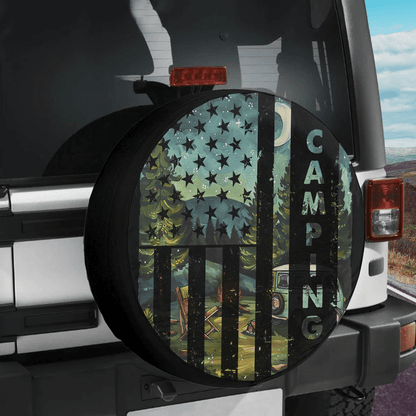 Camping Spare Tire Cover Mountain Camping American Flag Tire Covers Black Blue