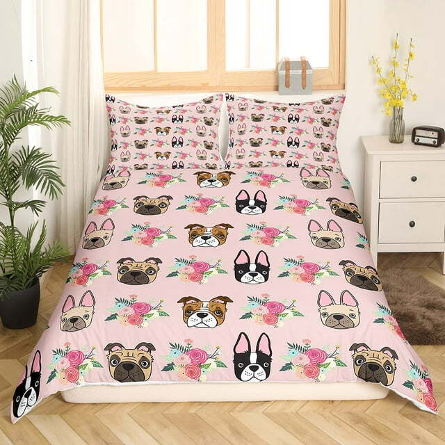 Dog Bedding Set Puppy Bulldog And Flower Pattern Duvet Covers Pink Unique Gift