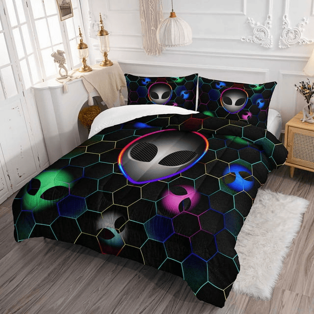 Alien Bedding Set Alien Heads Hexagon Pattern Duvet Covers Black Unique Gift