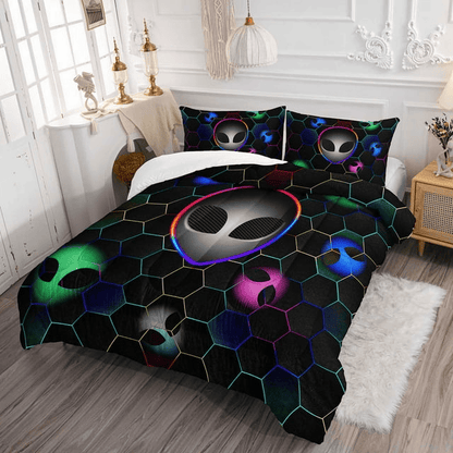 Alien Bedding Set Alien Heads Hexagon Pattern Duvet Covers Black Unique Gift