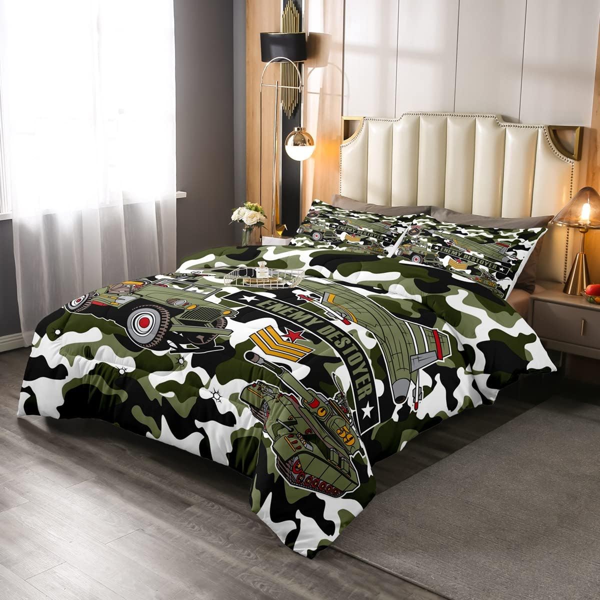 Veteran Bedding Set Enemy Destroyer Tank Camoflage Pattern Duvet Covers Green White Unique Gift