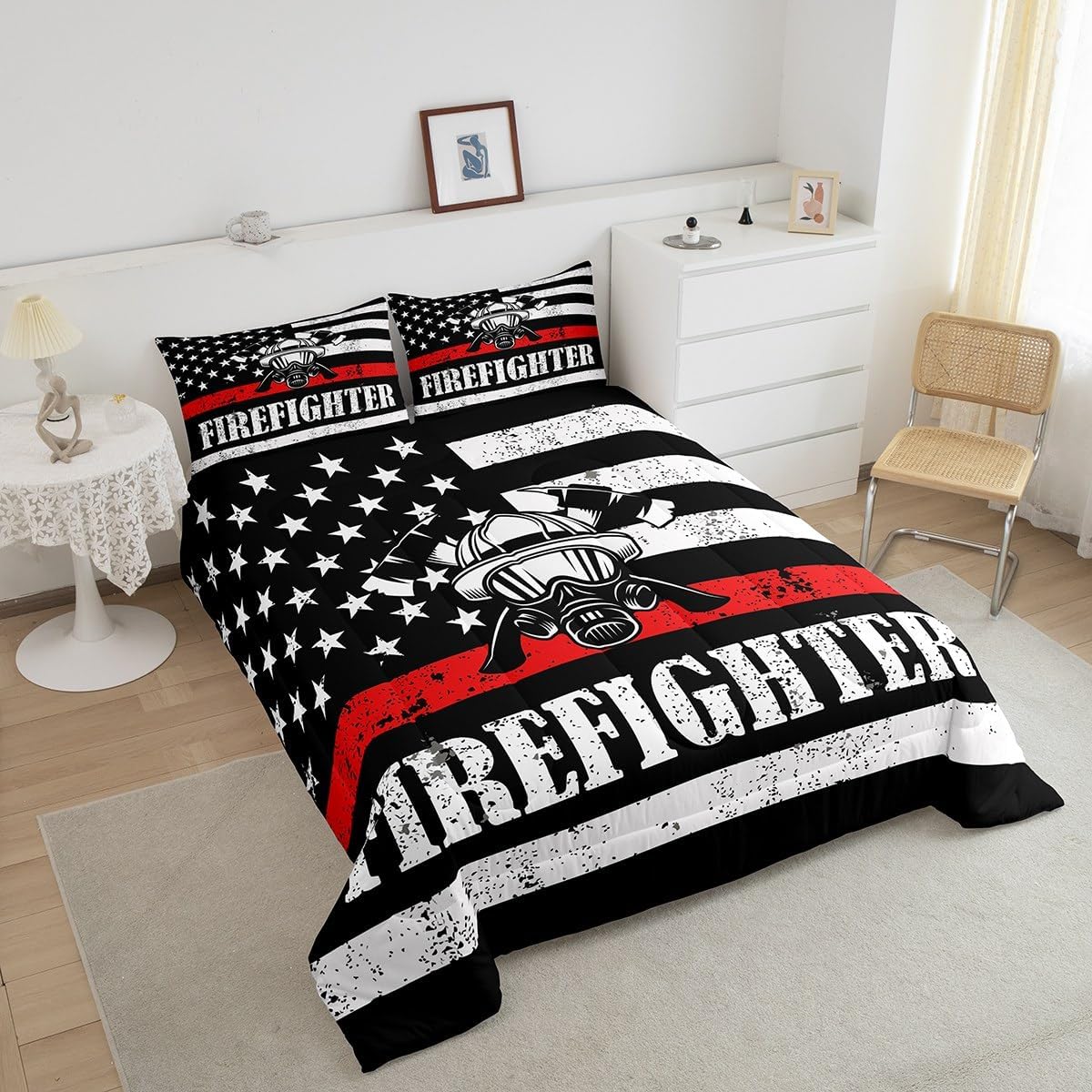 Firefighter Bedding Set Firefighter Helmet American Flag Duvet Covers Black White Unique Gift