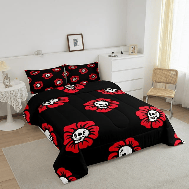 Skull Bedding Set Blooming Floral Skull Pattern Duvet Covers Black Unique Gift