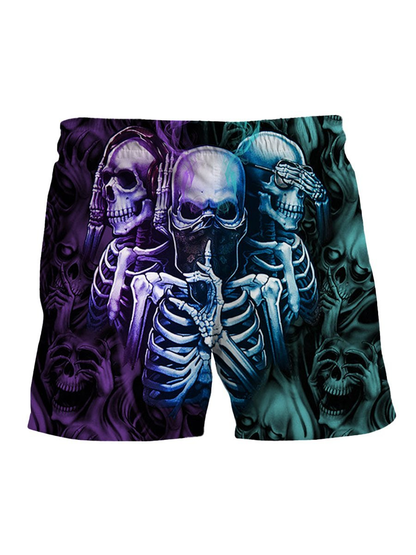 Skull Shorts Skull Neither Hear Nor See Beach Shorts Purple Green