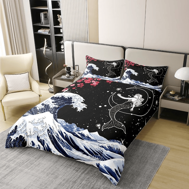 Mermaid Bedding Set Mermaid And The Great Wave Duvet Covers Black Blue Unique Gift