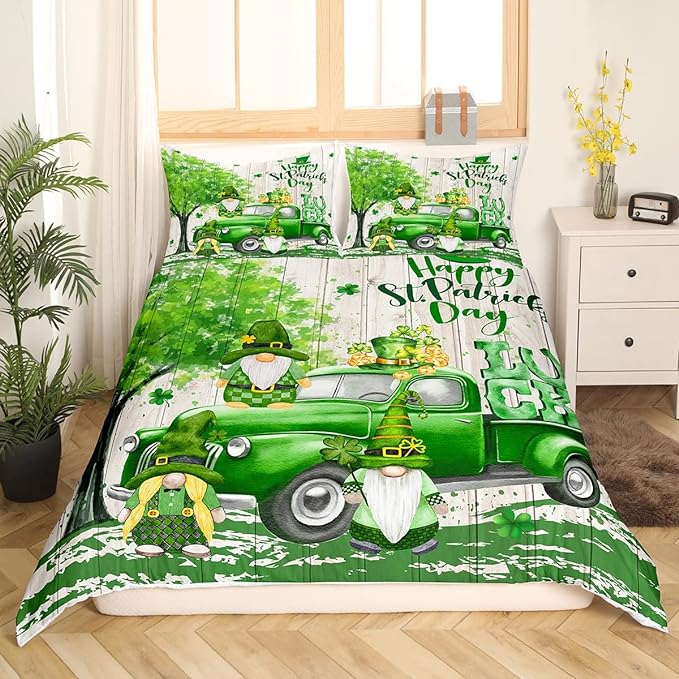 St Patrick Day Bedding Set Happy St Patrick Day Truck Gnome Graphic Duvet Covers Green Unique Gift