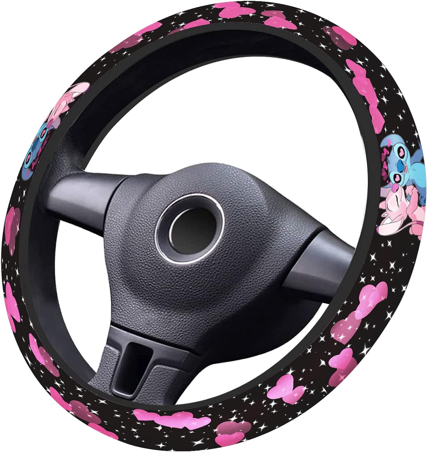 Stitch Steering Wheel Cover Angel Kissing Stitch Pattern Driving Wheel Cover Black Pink