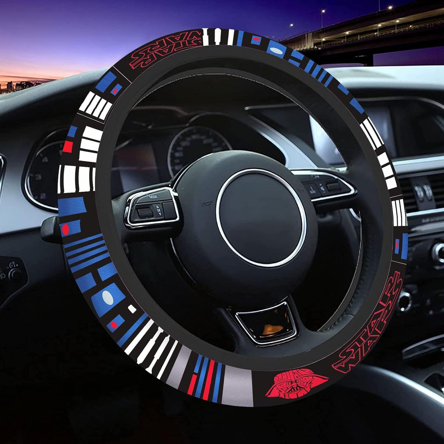 SW Steering Wheel Cover Darth Vader Helmet Uniform Pattern Driving Wheel Cover Black Blue