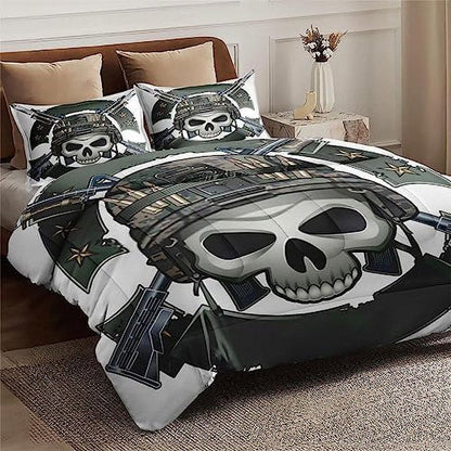 Veteran Bedding Set Skull Soldier Veteran Camo Pattern Duvet Covers White Green Unique Gift