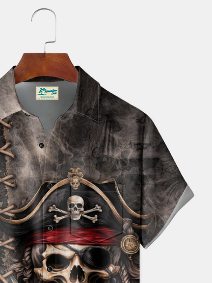 Alohadaddy® Men's Vintage Patriotic Pirate Skull Retro Print American Flag Shirt Button Down Short-Sleeve Big & Tall