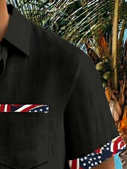 Alohadaddy® Men's Holiday Patriotic American Flag Stars Stripes Border Patchwork  Retro Print Button Down Short-Sleeve Big & Tall