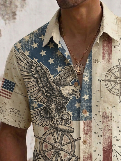 Alohadaddy® Men's Holiday USA 250th Anniversary & Vintage Nautical Graphic Patriotic Eagle Retro Print Button Down Short-Sleeve Big & Tall