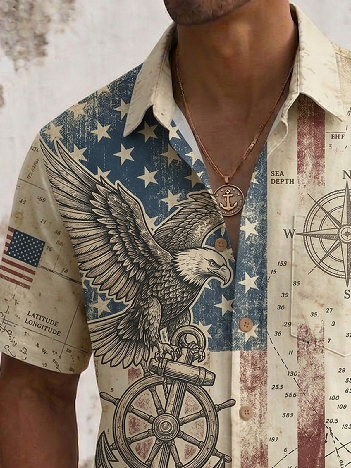 Alohadaddy® Men's Holiday USA 250th Anniversary & Vintage Nautical Graphic Patriotic Eagle Retro Print Button Down Short-Sleeve Big & Tall