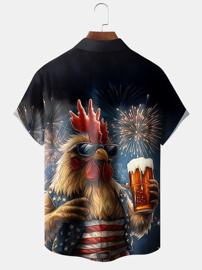 Alohadaddy Independence Rooster Beer Print Art Pocket Button Elastic Large Size Shirt