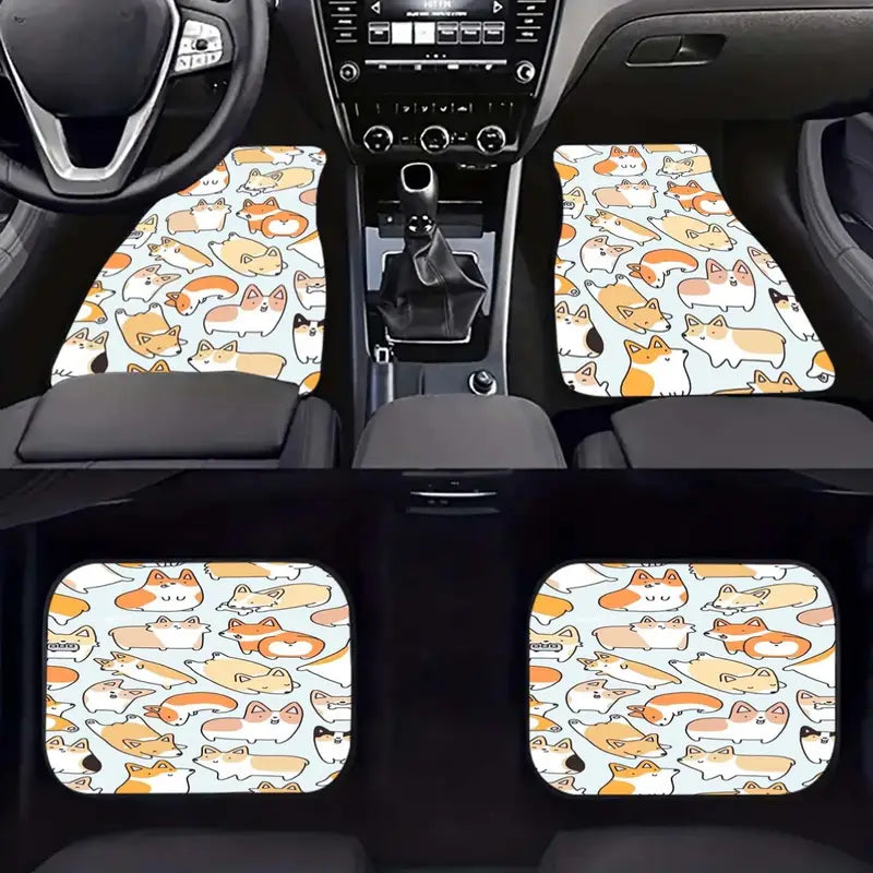 Dog Car Floor Mats Cute Cartoon Corgi Dog Pattern Orange White Car Mats