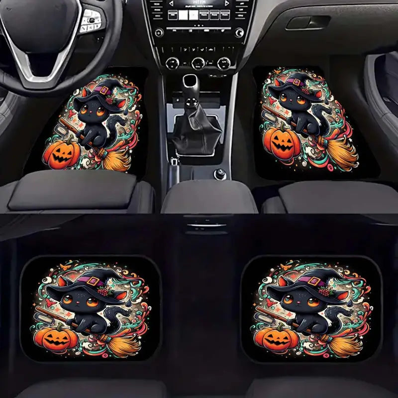 Halloween Car Mats Halloween Cute Witch Cat Flying On Broom Car Floor Mats Black Orange