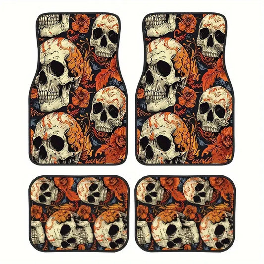 Halloween Car Mats Halloween Skull With Flower Pattern Car Floor Mats White Orange