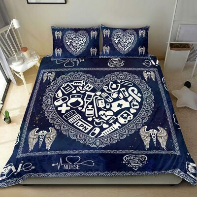 Nurse Bedding Set Nurse Medical Pattern Mandala Style Duvet Covers Blue Unique Gift