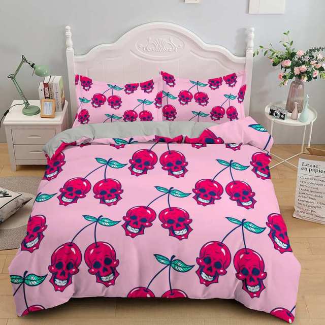 Skull Bedding Set Cherry Skull Pattern Duvet Covers Pink Unique Gift