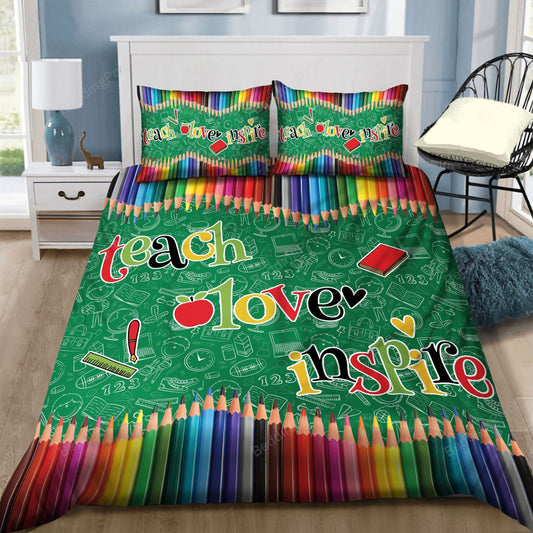 Teacher Bedding Set Crayon Teach Love Inspire Duvet Covers Colorful Unique Gift