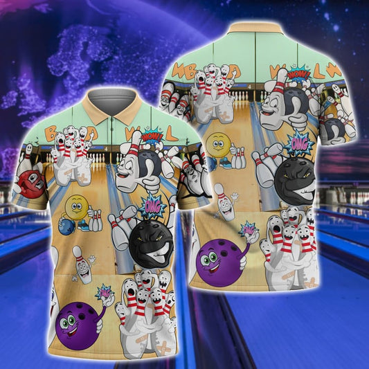 Bowling Polo Shirt Bowling Pins And Balls Cartoon Style Boys Polo Shirts Colorful