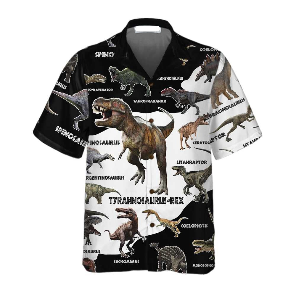 Dinosaur Hawaii Shirt All Types Of Dinosaur Names Pattern Hawaiian Shirt Black White Unisex