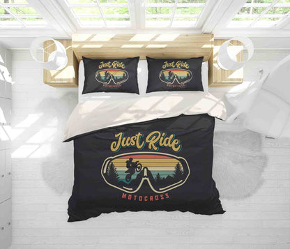 Motorcycle Bedding Set Just Ride Motocross Vintage Style Duvet Covers Black Unique Gift