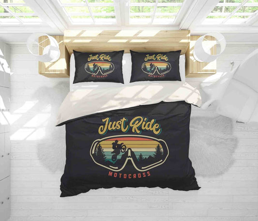 Motorcycle Bedding Set Just Ride Motocross Vintage Style Duvet Covers Black Unique Gift
