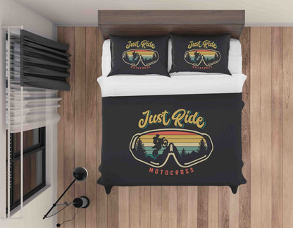 Motorcycle Bedding Set Just Ride Motocross Vintage Style Duvet Covers Black Unique Gift