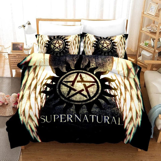 Supernatural Bedding Set Supernatural Symbol Star And Wings Duvet Covers Black Unique Gift