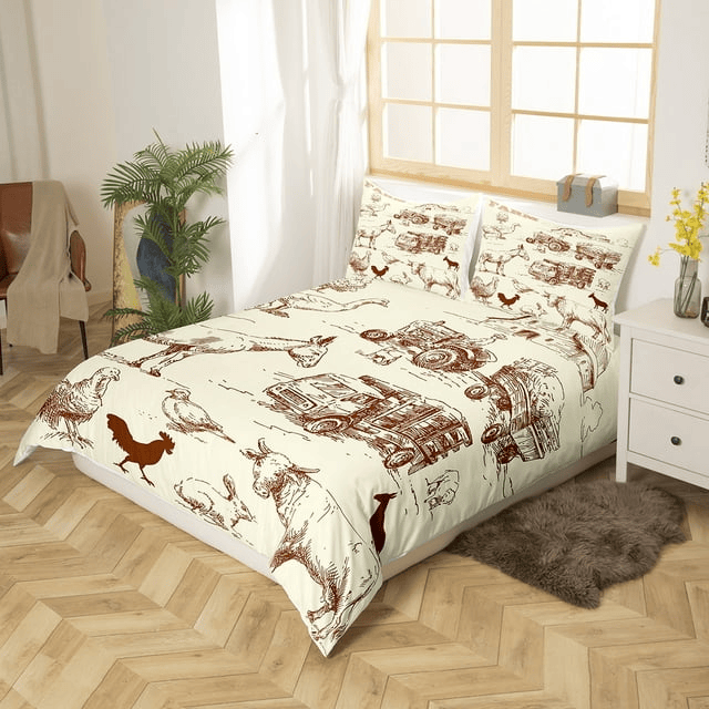 Farmer Bedding Set Farm Animal Cow Chicken Pattern Duvet Covers Brown Unique Gift