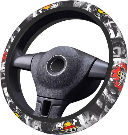 One Piece Steering Wheel Cover One Piece Jolly Roger Manga Pattern Driving Wheel Cover Black White