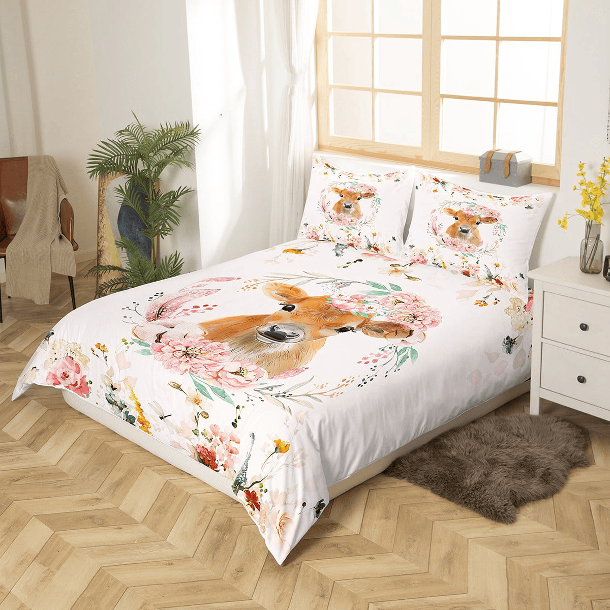 Cow Bedding Set Watercolor Flower Wild Cattle Duvet Covers Pink Unique Gift