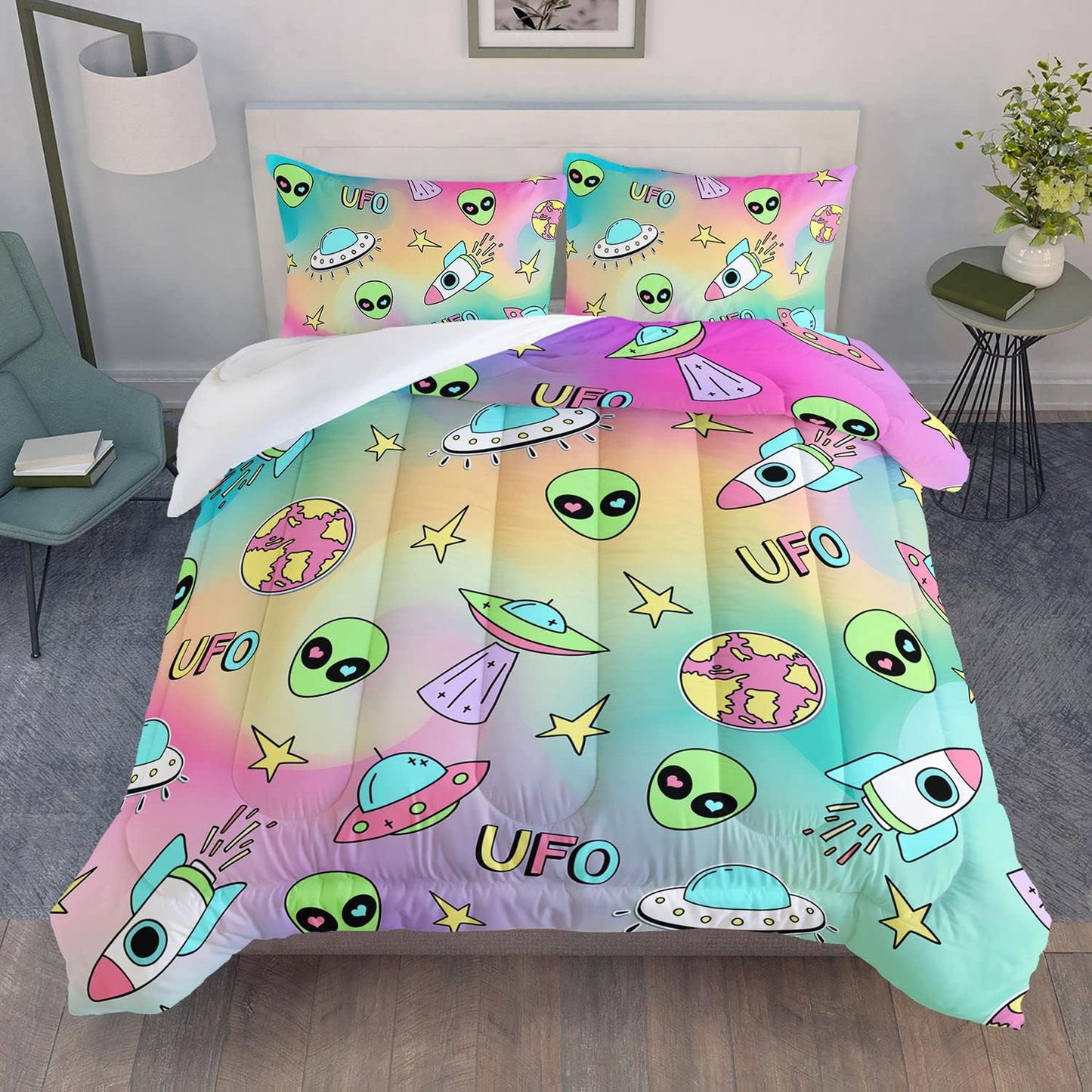 UFO Bedding Set UFO Spaceship Earth Pattern Duvet Covers Colorful Unique Gift