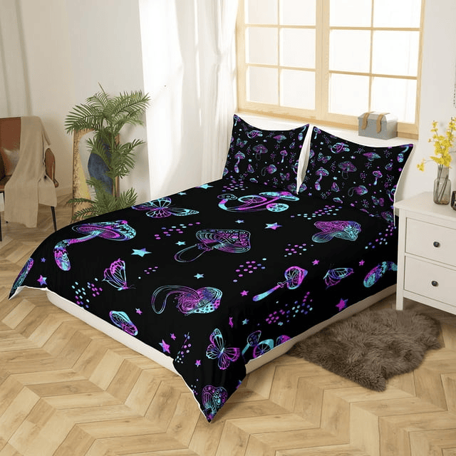 Mushroom Bedding Set Boho Mushroom Butterflies Pattern Duvet Covers Black Unique Gift