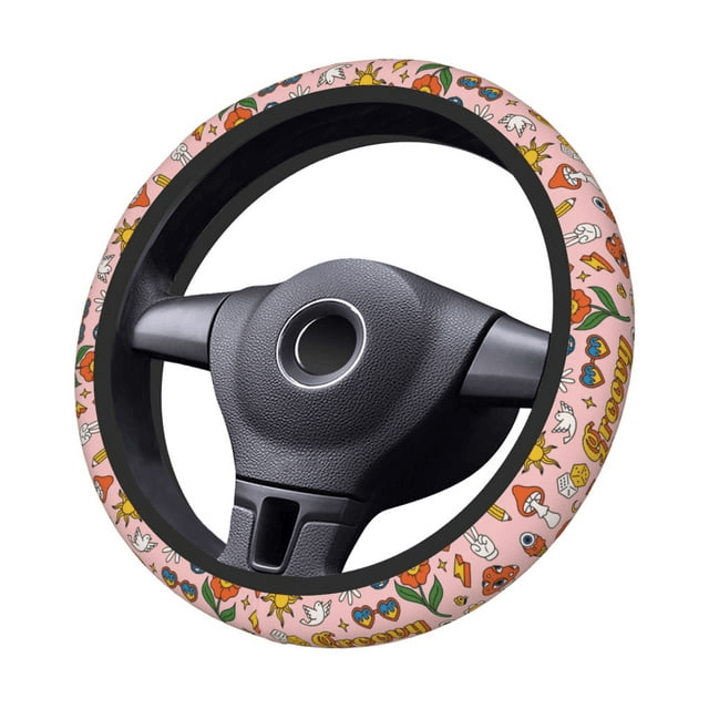 Hippie Steering Wheel Cover Groovy Mushroom Flower Pattern Driving Wheel Cover Colorful