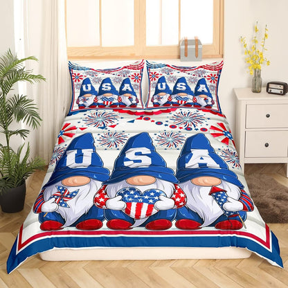 4th of July Bedding Set USA Independence Day Gnomes Duvet Covers Blue Red Unique Gift