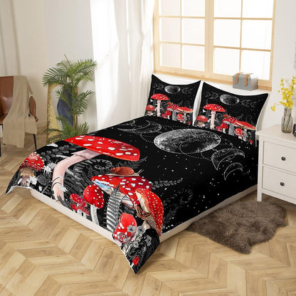 Mushroom Bedding Set Moon And Sun Above The Mushroom Duvet Covers Black Red Unique Gift