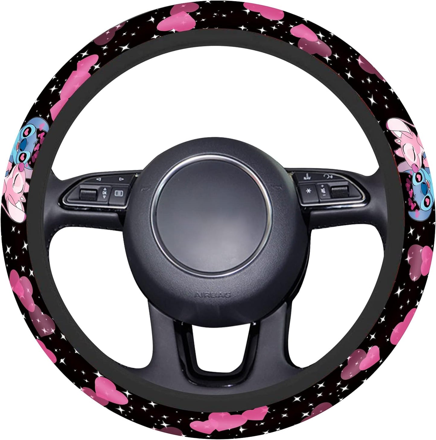 Stitch Steering Wheel Cover Angel Kissing Stitch Pattern Driving Wheel Cover Black Pink