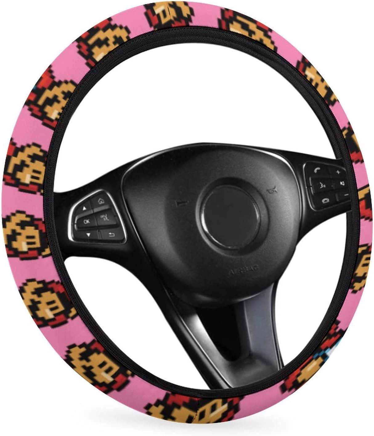 Mario Steering Wheel Cover Super Mario 8 Bit Pattern Driving Wheel Cover Pink