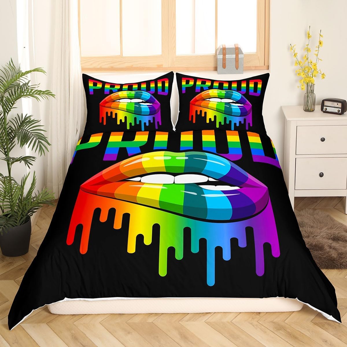 LGBT Bedding Set LGBT Rainbow Stripes Lips Proud Duvet Covers Colorful Unique Gift