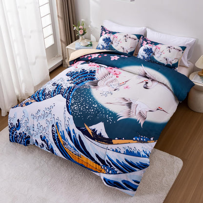 Japan Bedding Set Cherry Blossoms Crane And The Great Wave Duvet Covers Blue White Unique Gift