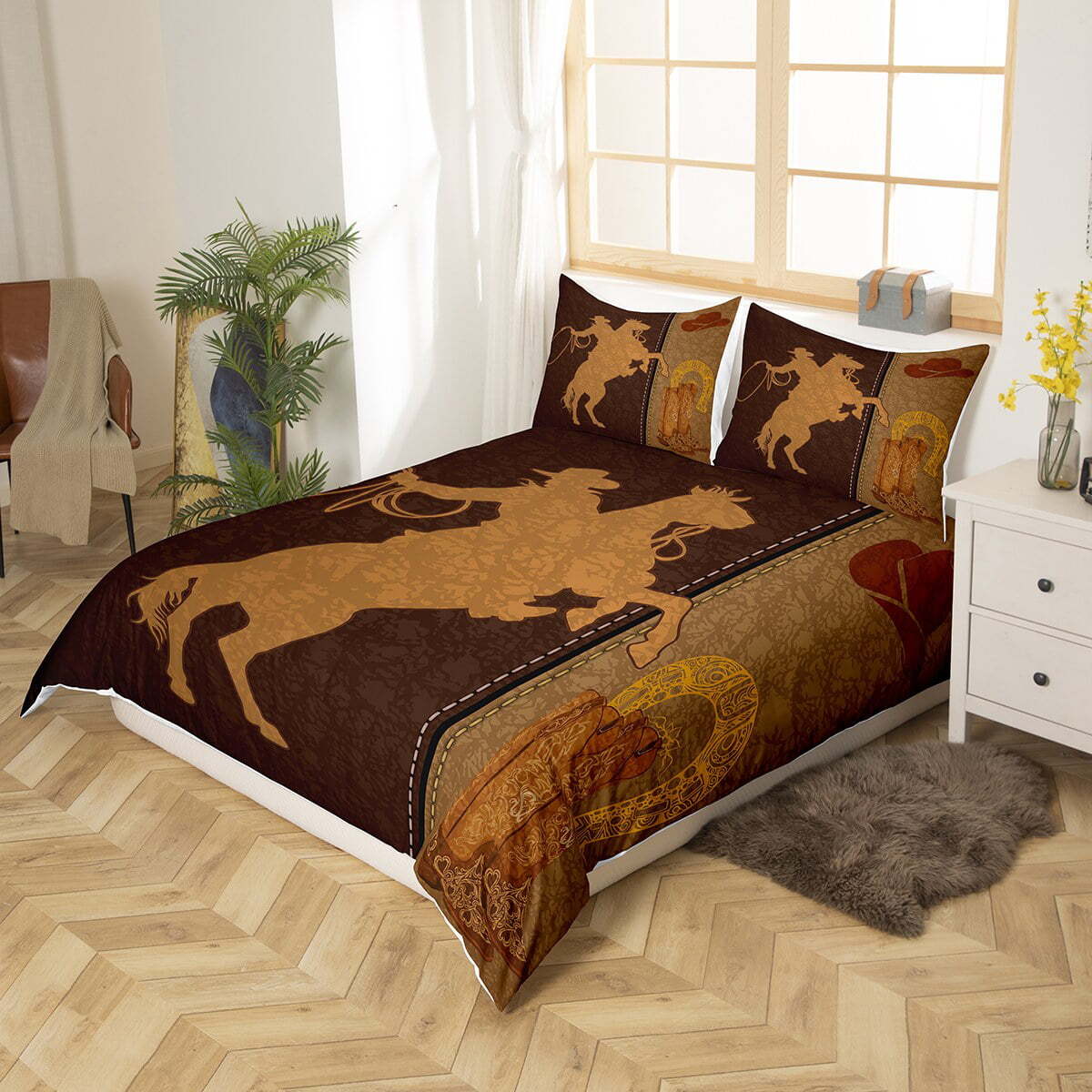 Horse Bedding Set Cowboy Riding Horse Silhouette Duvet Covers Brown Unique Gift