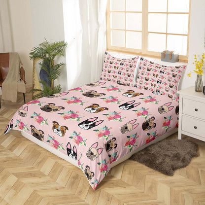 Dog Bedding Set Puppy Bulldog And Flower Pattern Duvet Covers Pink Unique Gift