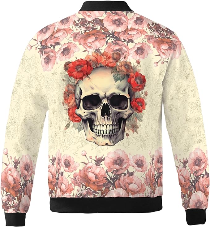 Skull Bomber Jacket Vintage Flowers And Skull Bomber Pink Yellow Unisex