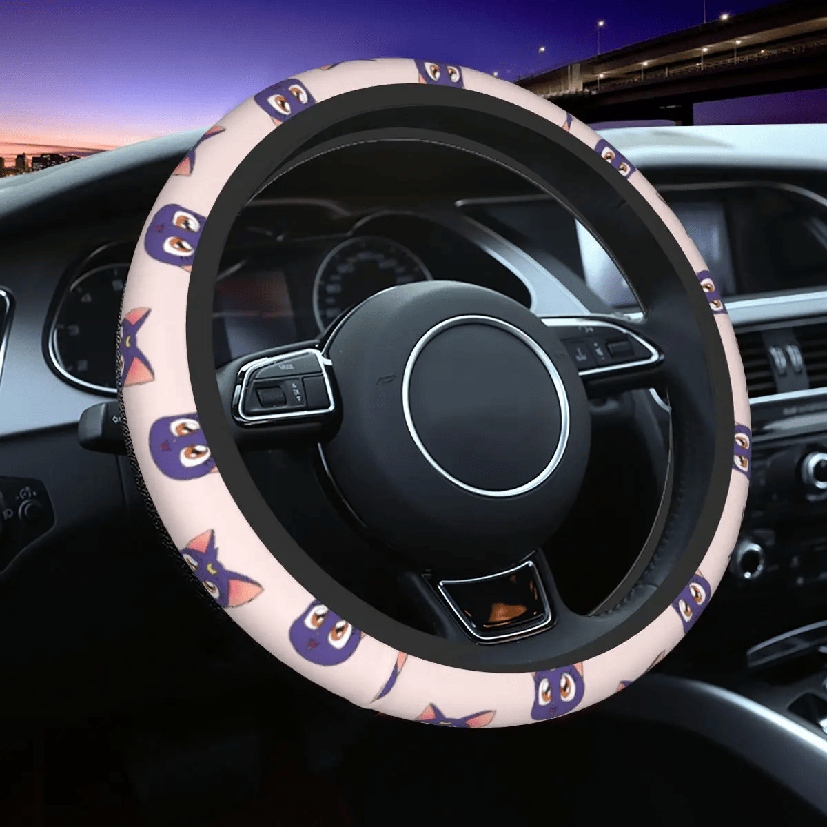 Sailor Moon Steering Wheel Cover Luna Moon Cat Pattern Driving Wheel Cover Black Pink