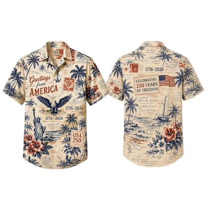 Vintage Greetings From America Hawaiian Shirt, USA 250th Anniversary AOP Hawaii Shirt 685263