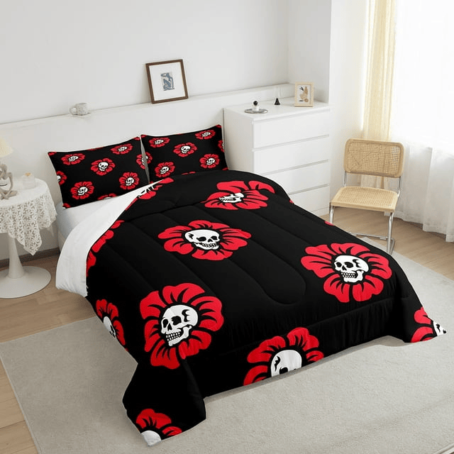 Skull Bedding Set Blooming Floral Skull Pattern Duvet Covers Black Unique Gift