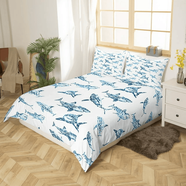 Shark Bedding Set Watercolor Cartoon Sharks Pattern Duvet Covers White Blue Unique Gift