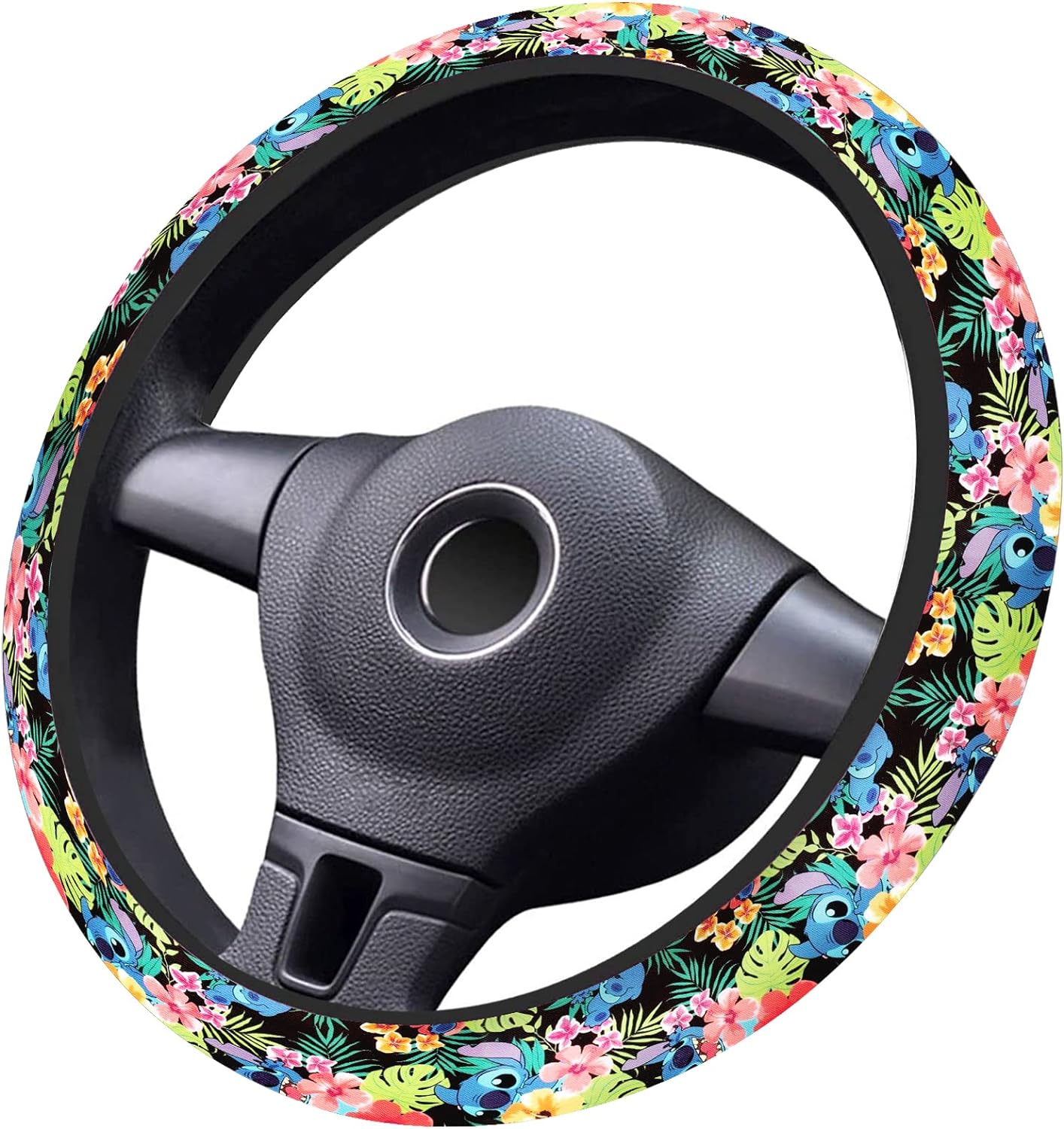 Stitch Steering Wheel Cover Stitch Tropical Flower And Leaves Pattern Driving Wheel Cover Colorful